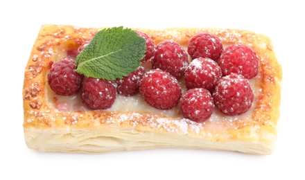 Photo of Tasty puff pastry with raspberries and mint isolated on white