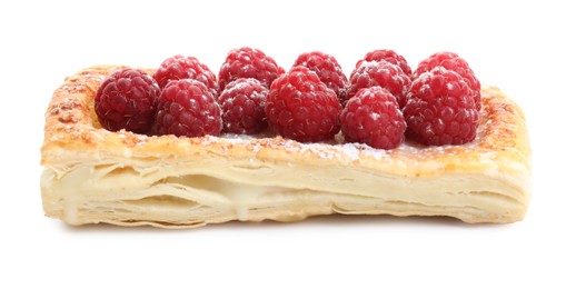 Photo of Tasty puff pastry with raspberries isolated on white