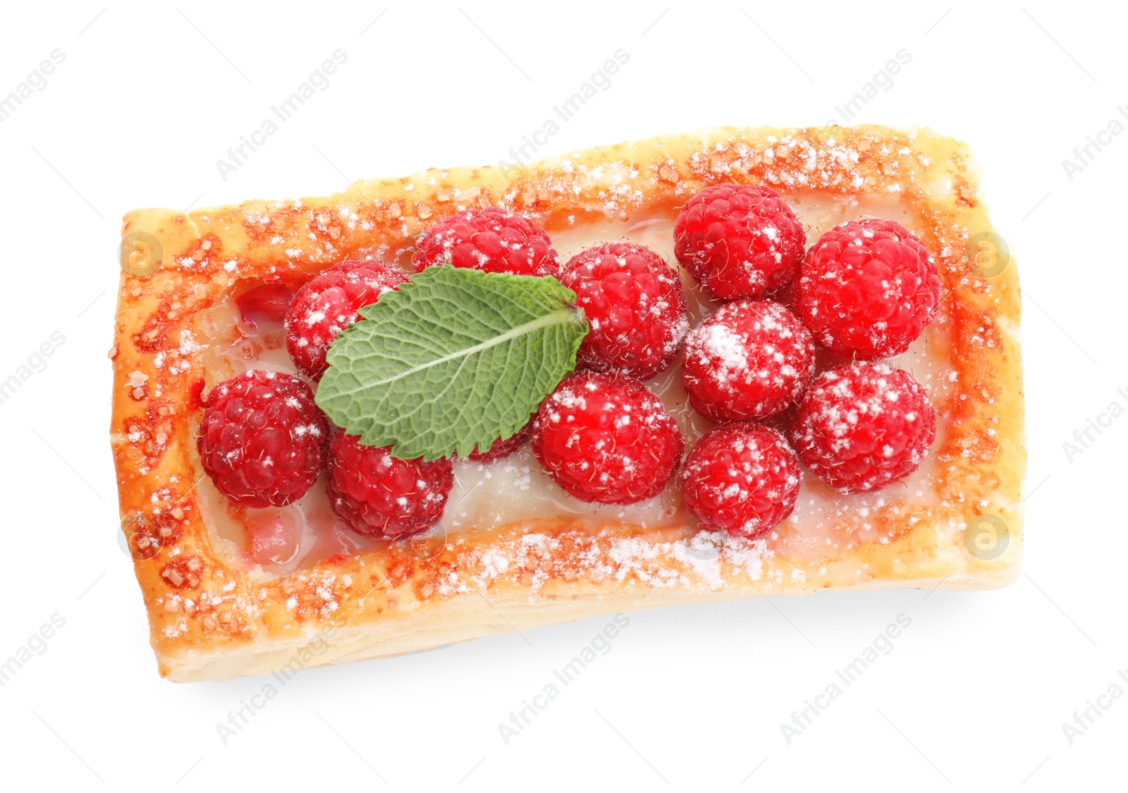 Photo of Tasty puff pastry with raspberries and mint isolated on white, top view