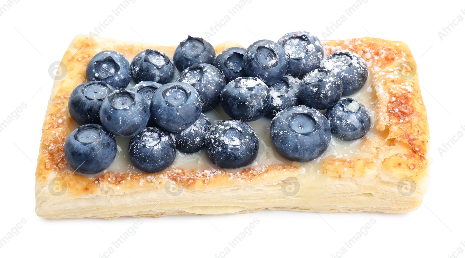 Photo of Tasty puff pastry with blueberries isolated on white