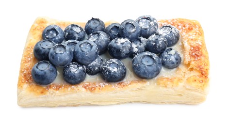 Photo of Tasty puff pastry with blueberries isolated on white