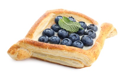 Photo of Tasty puff pastry with blueberries and mint isolated on white