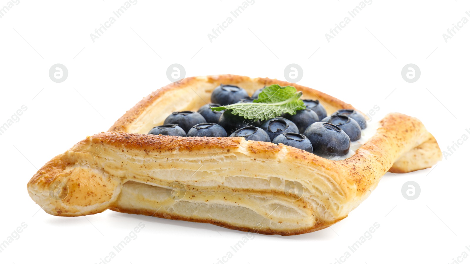 Photo of Tasty puff pastry with blueberries and mint isolated on white