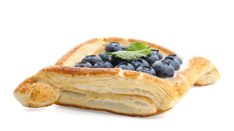 Photo of Tasty puff pastry with blueberries and mint isolated on white