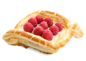 Photo of Tasty puff pastry with raspberries isolated on white