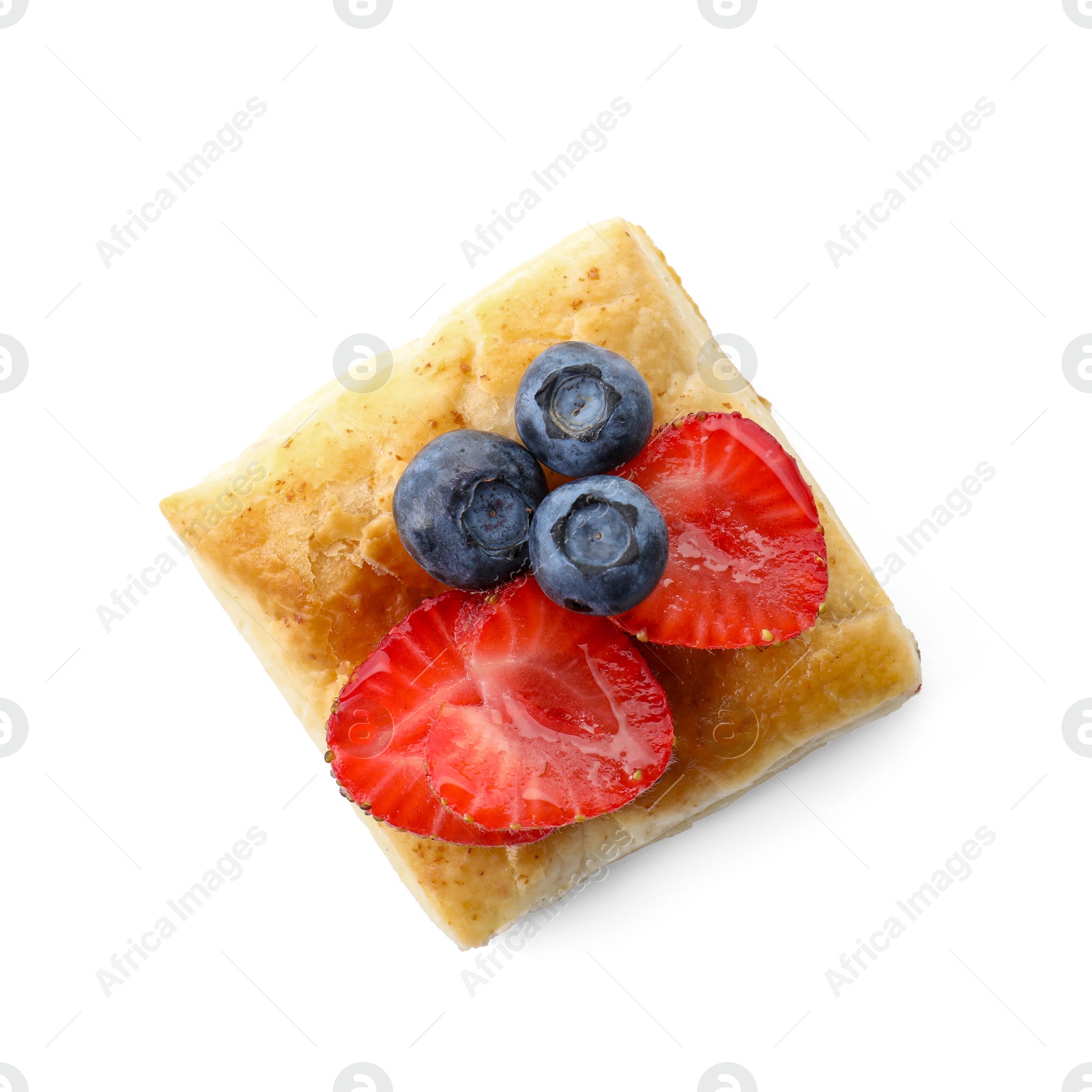 Photo of Tasty puff pastry with berries isolated on white, top view