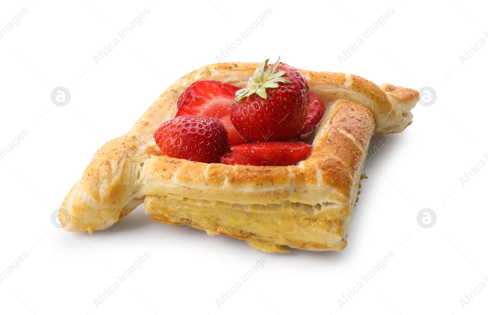 Photo of Tasty puff pastry with strawberries isolated on white