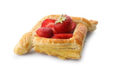 Photo of Tasty puff pastry with strawberries isolated on white