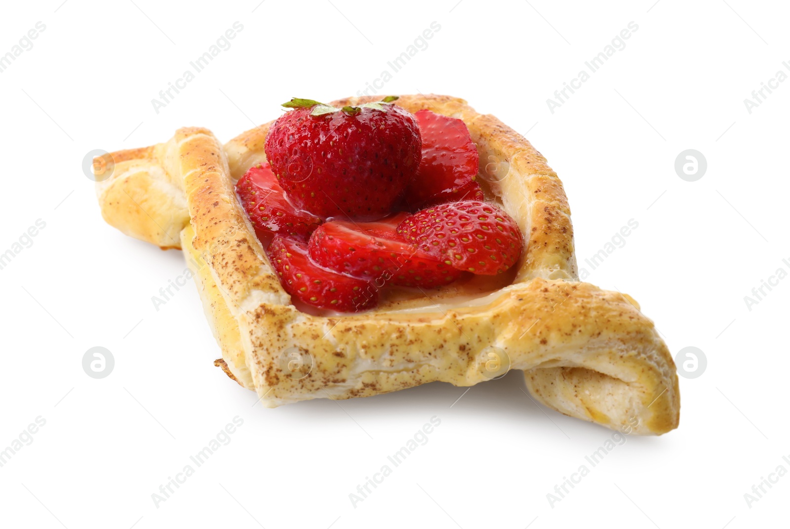 Photo of Tasty puff pastry with strawberries isolated on white