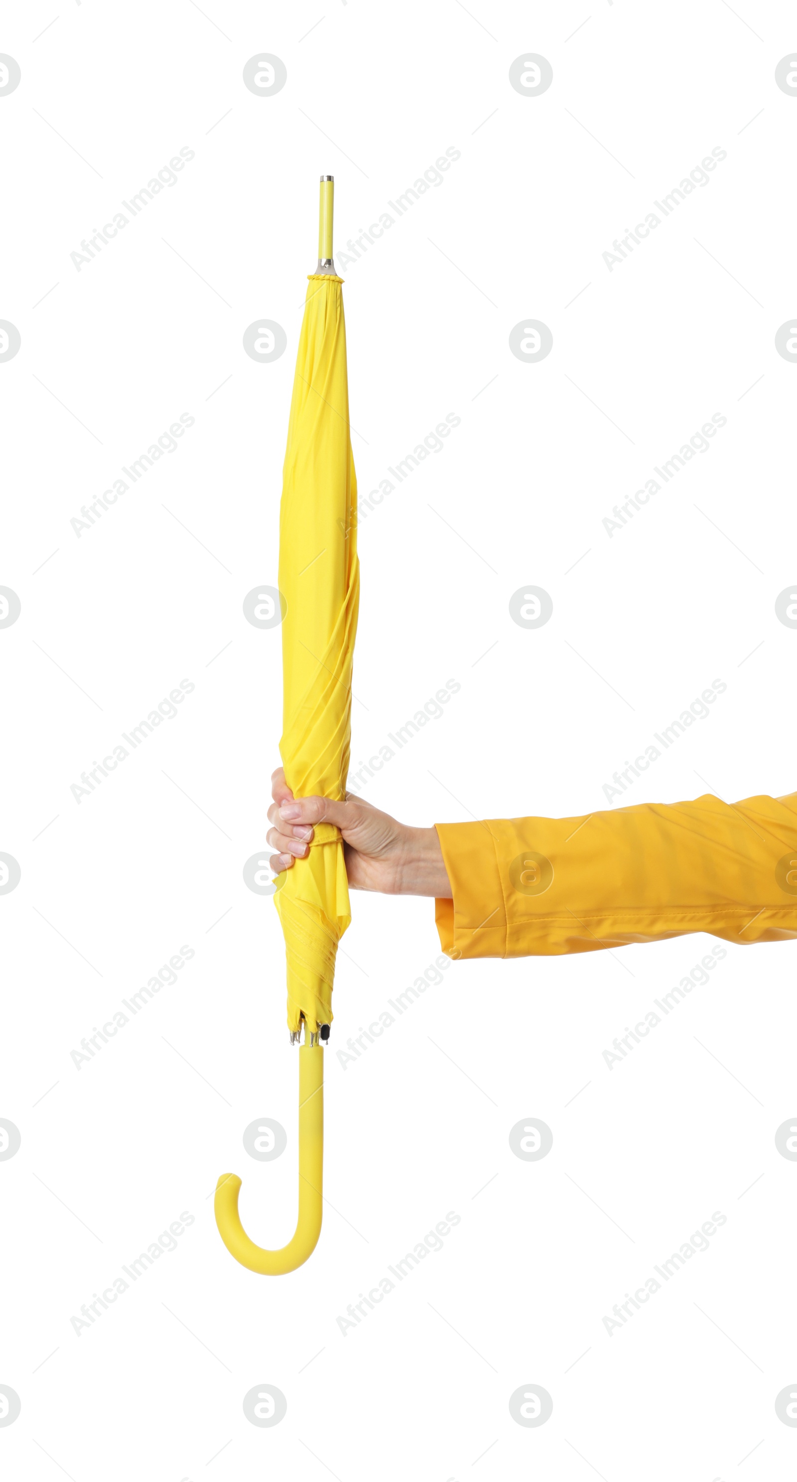 Photo of Woman with yellow umbrella on white background, closeup