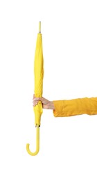 Photo of Woman with yellow umbrella on white background, closeup