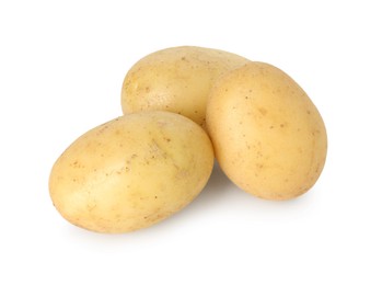 Photo of Three young fresh potatoes isolated on white