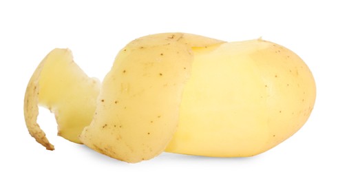 Photo of One young fresh potato with peel isolated on white