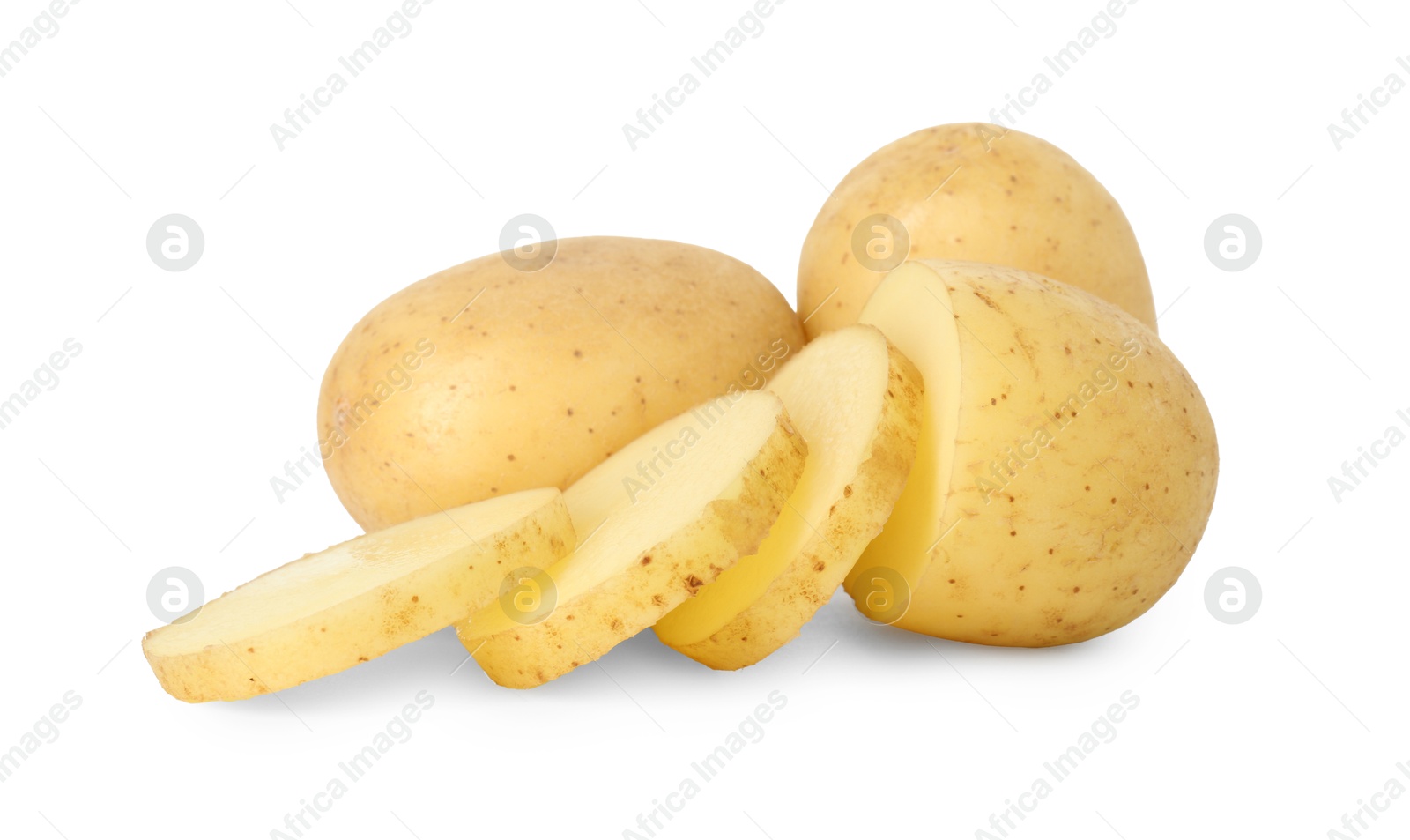 Photo of Fresh whole and cut potatoes isolated on white