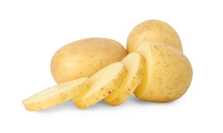 Photo of Fresh whole and cut potatoes isolated on white