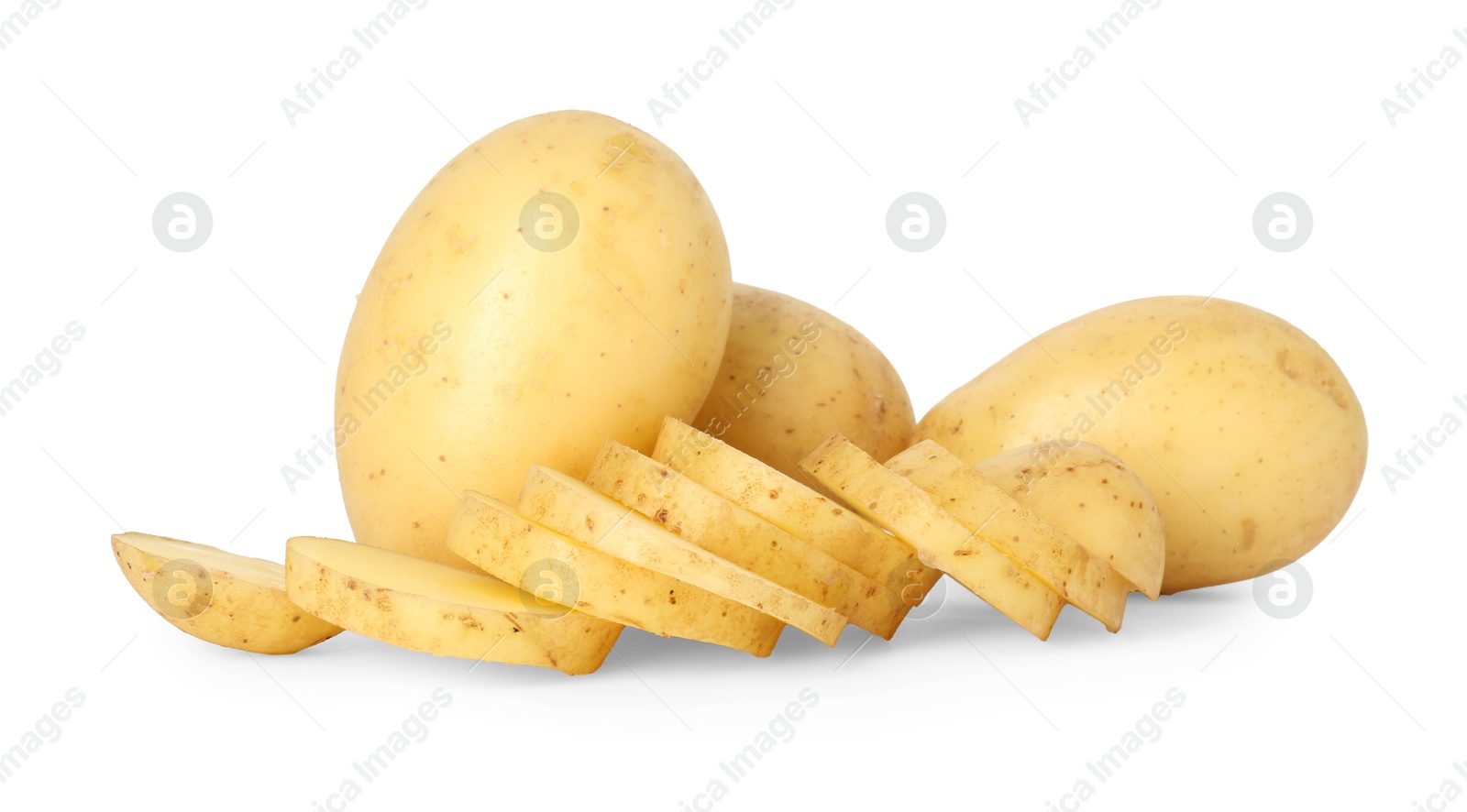 Photo of Fresh whole and cut potatoes isolated on white