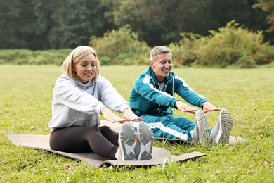 Happy couple doing exercises in park. Healthy lifestyle