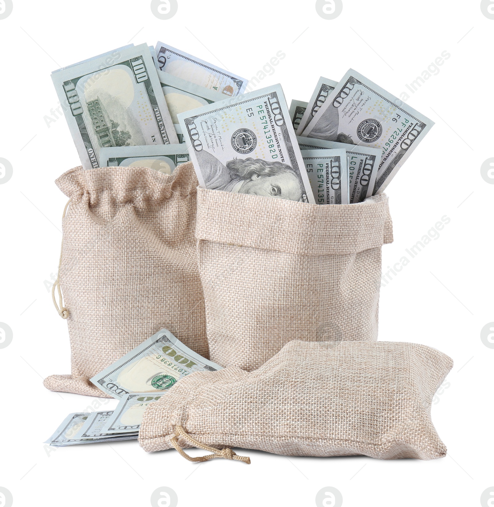 Photo of Dollar banknotes in bags isolated on white