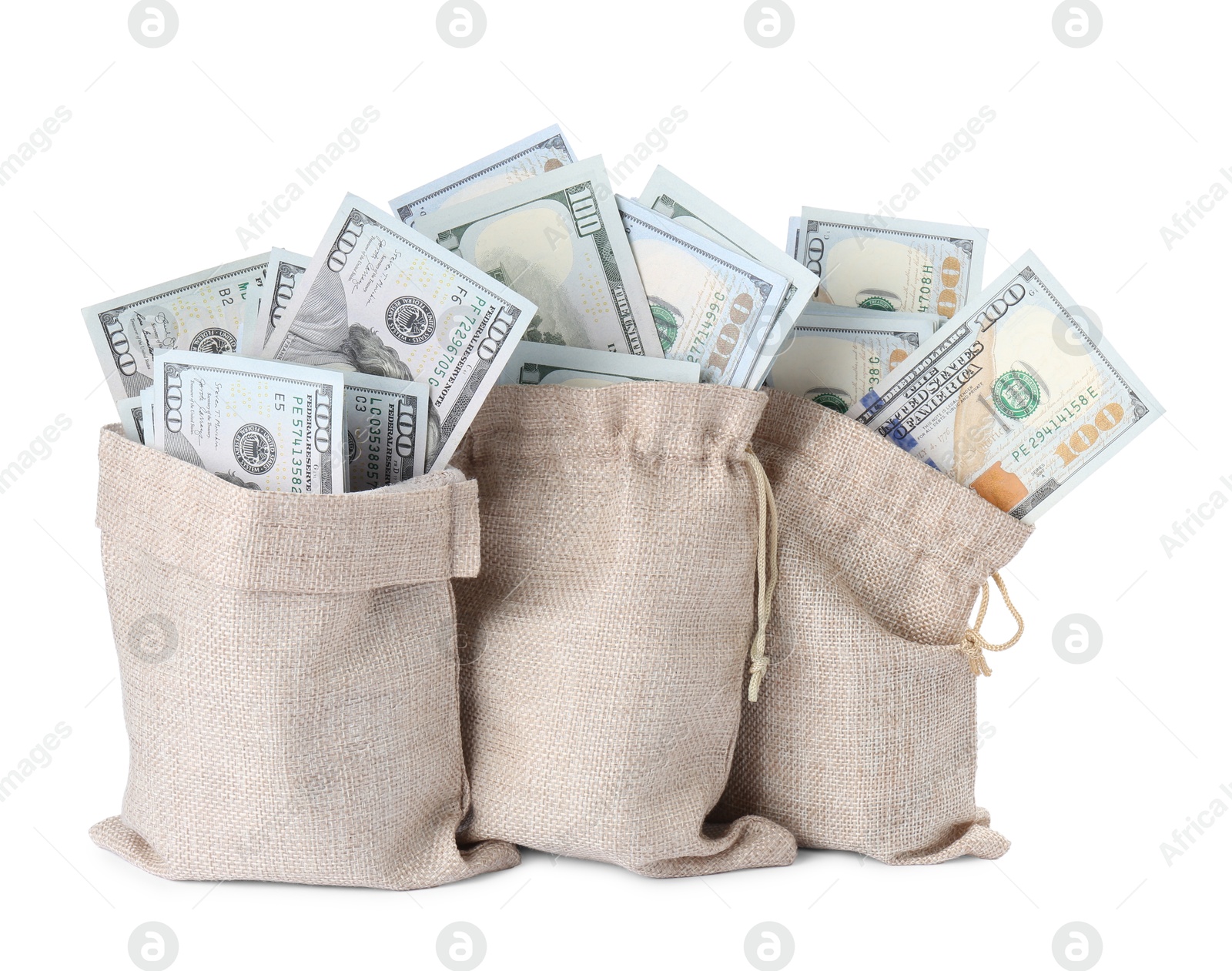 Photo of Dollar banknotes in bags isolated on white