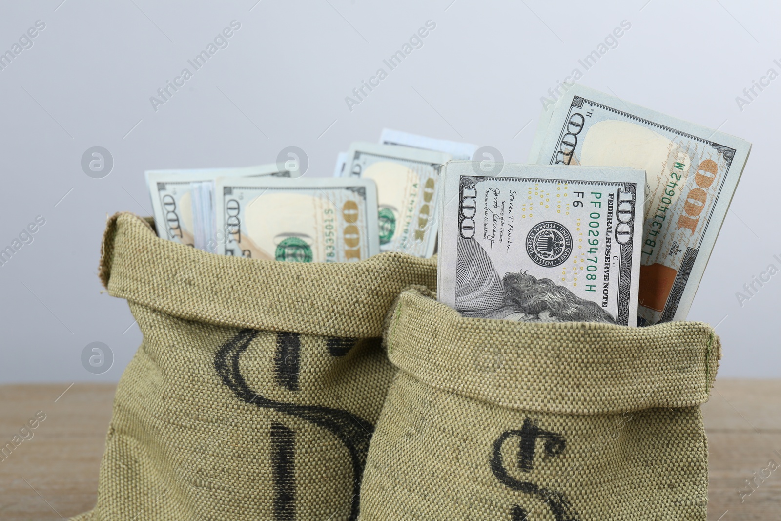 Photo of Dollar banknotes in bags against grey background