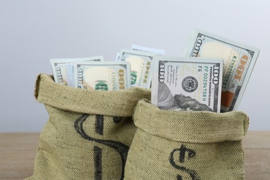 Photo of Dollar banknotes in bags against grey background