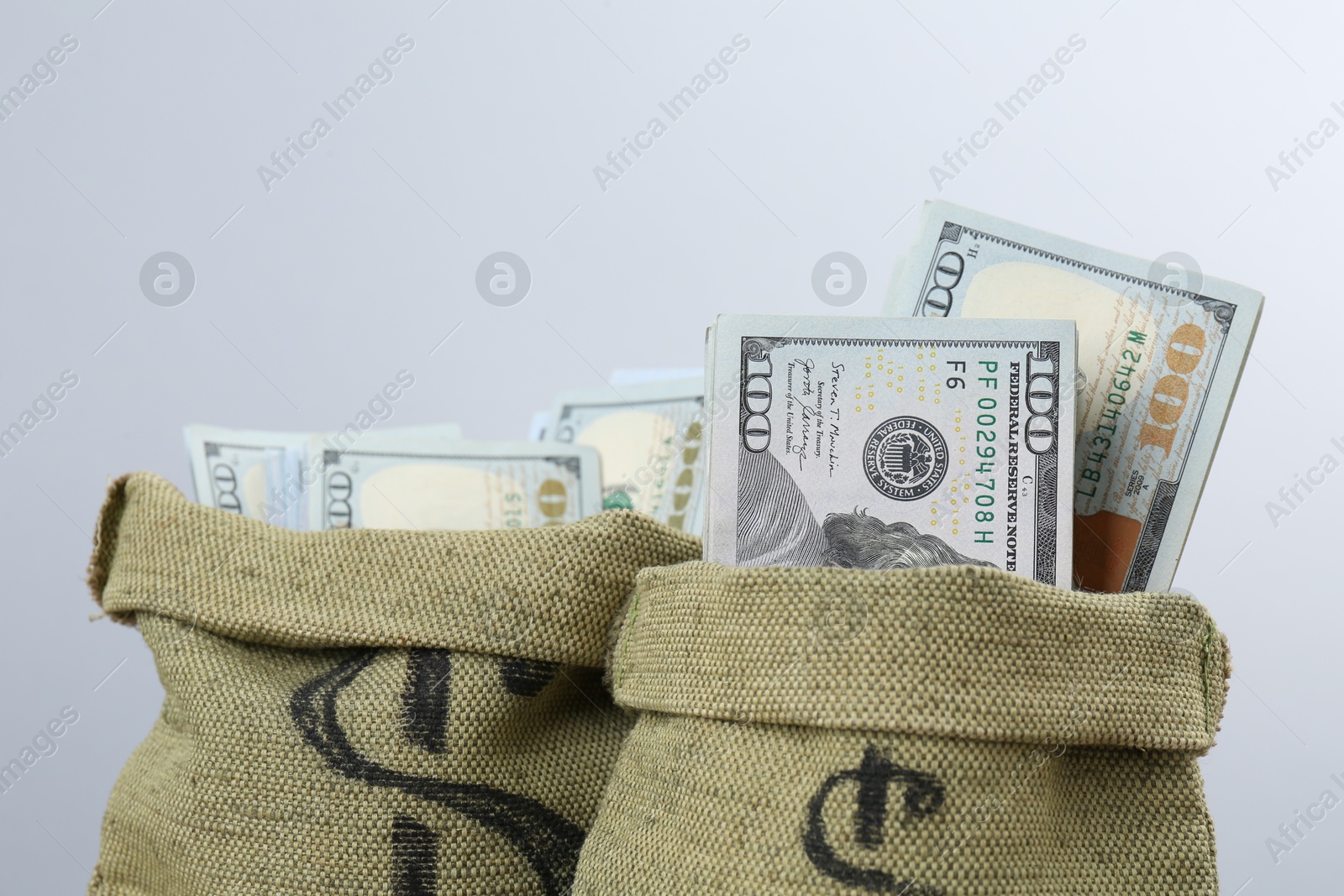 Photo of Dollar banknotes in bags against grey background, closeup