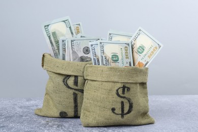 Photo of Dollar banknotes in bags on grey textured table