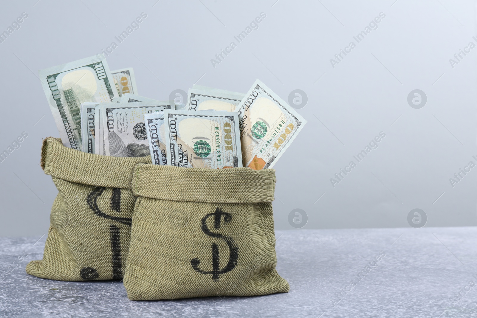 Photo of Dollar banknotes in bags on grey textured table, space for text