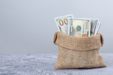 Photo of Dollar banknotes in bag on grey textured table, space for text