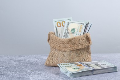 Photo of Dollar banknotes in bag on grey textured table, space for text