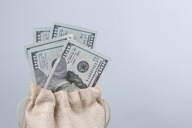 Photo of Dollar banknotes in bag against grey background, closeup. Space for text