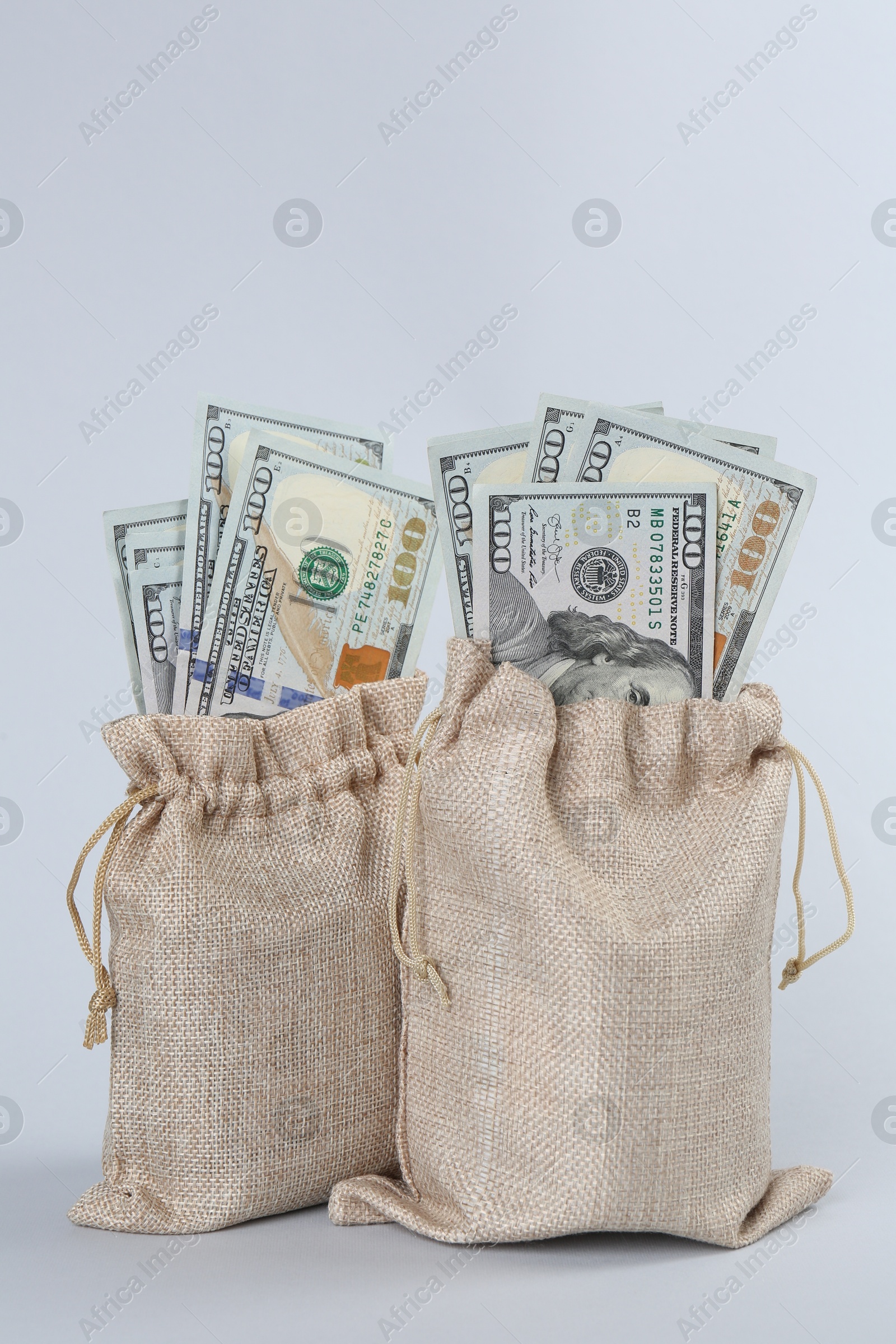 Photo of Dollar banknotes in bags on grey background