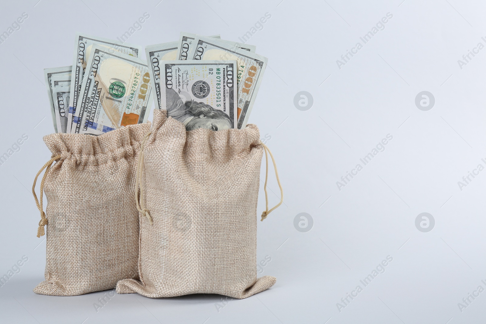 Photo of Dollar banknotes in bags on grey background, space for text