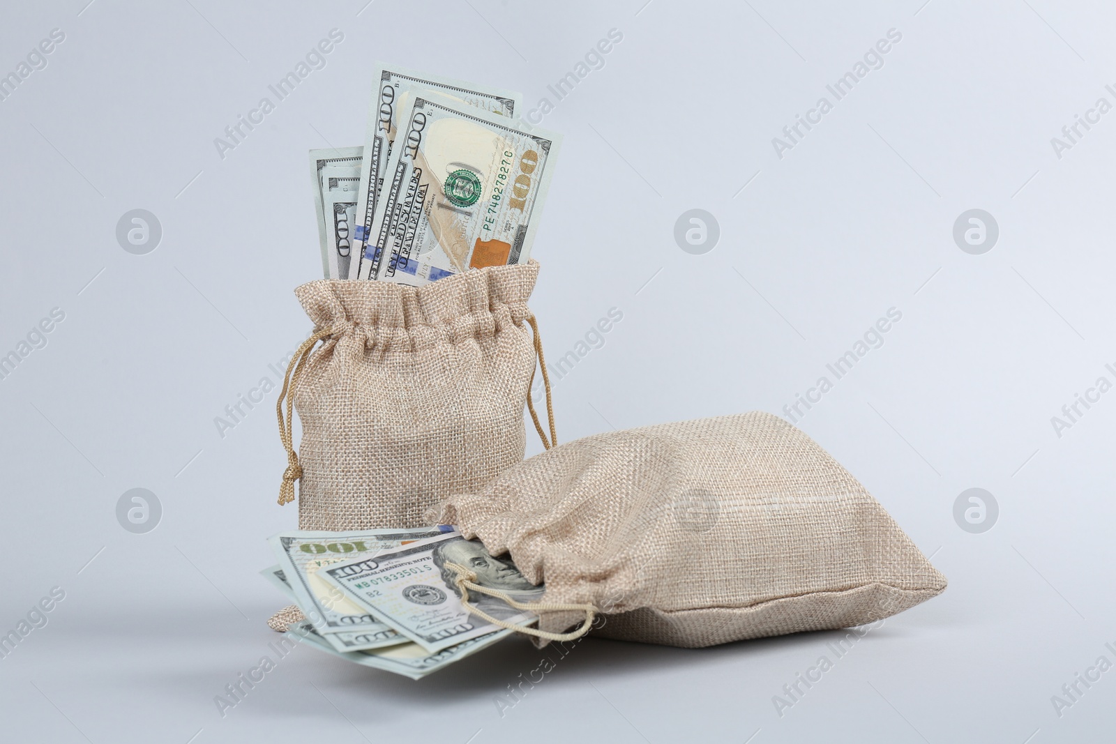 Photo of Dollar banknotes in bags on grey background