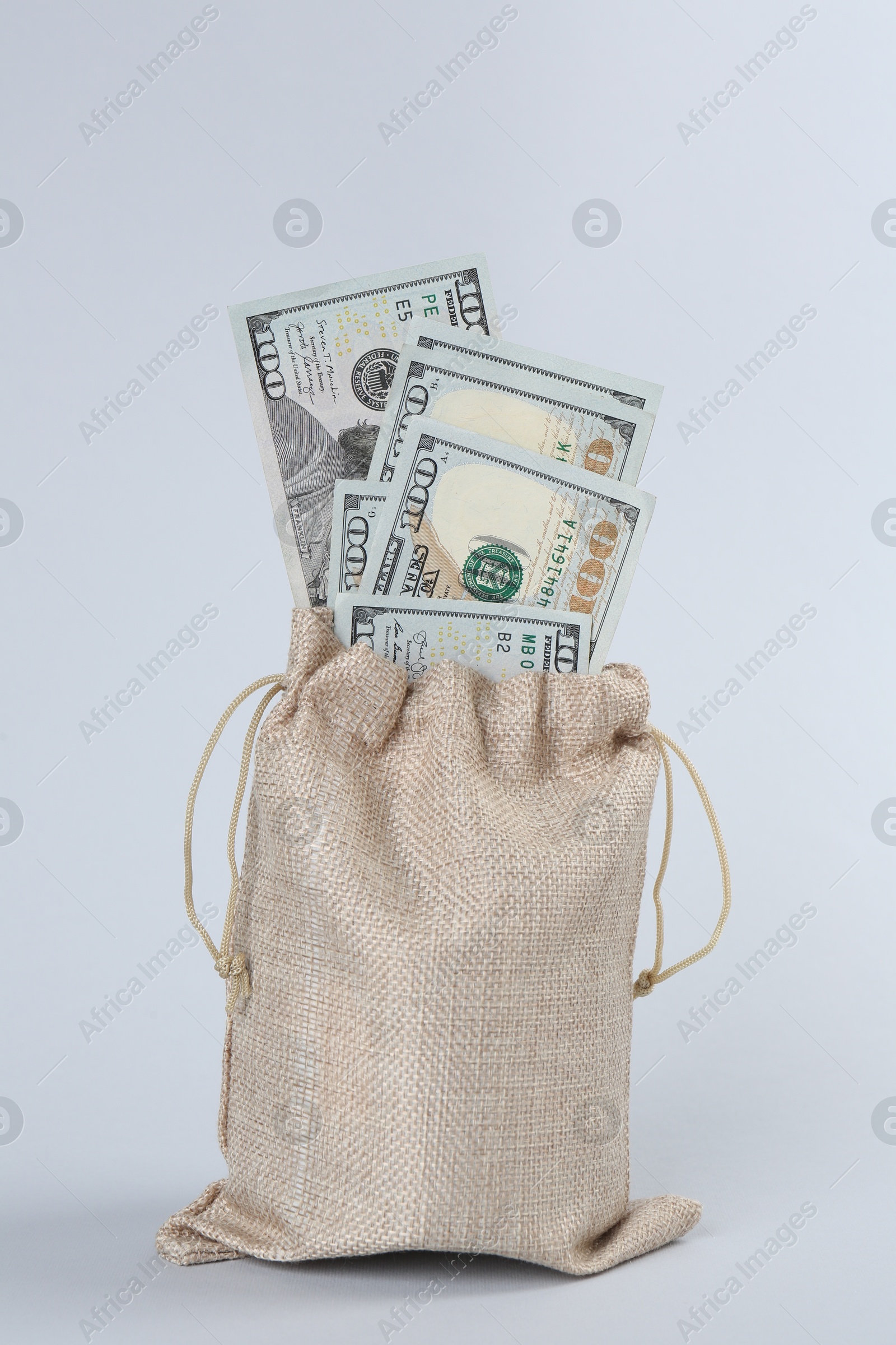 Photo of Dollar banknotes in bag on grey background