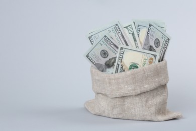 Photo of Dollar banknotes in bag on grey background, space for text