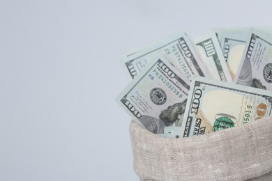 Photo of Dollar banknotes in bag on grey background, closeup. Space for text