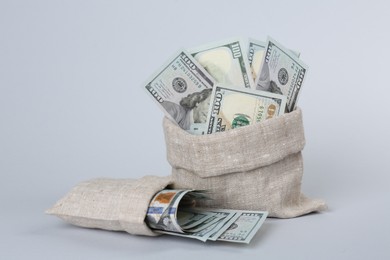 Photo of Dollar banknotes in bags on grey background