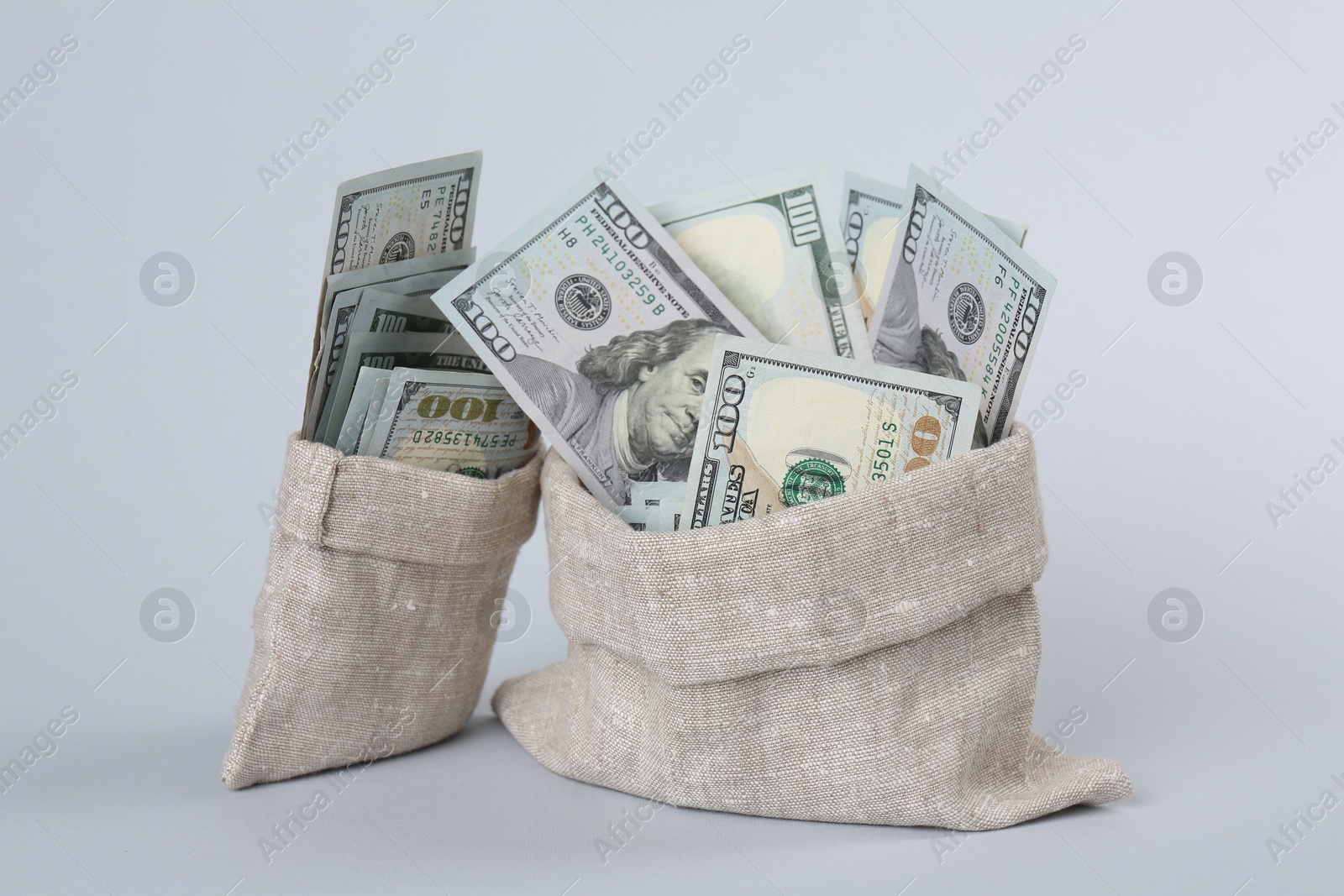 Photo of Dollar banknotes in bags on grey background