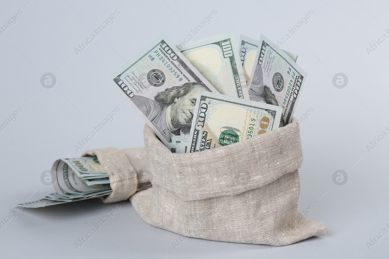 Photo of Dollar banknotes in bags on grey background