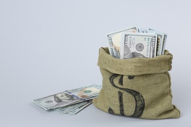 Photo of Dollar banknotes in bag on grey background, space for text