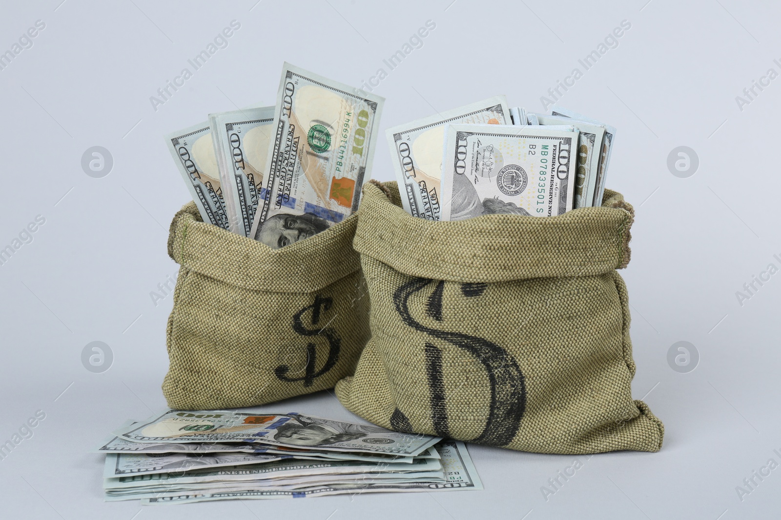 Photo of Dollar banknotes in bags on grey background