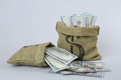 Photo of Dollar banknotes in bags on grey background