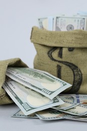 Photo of Dollar banknotes in bags on grey background, closeup