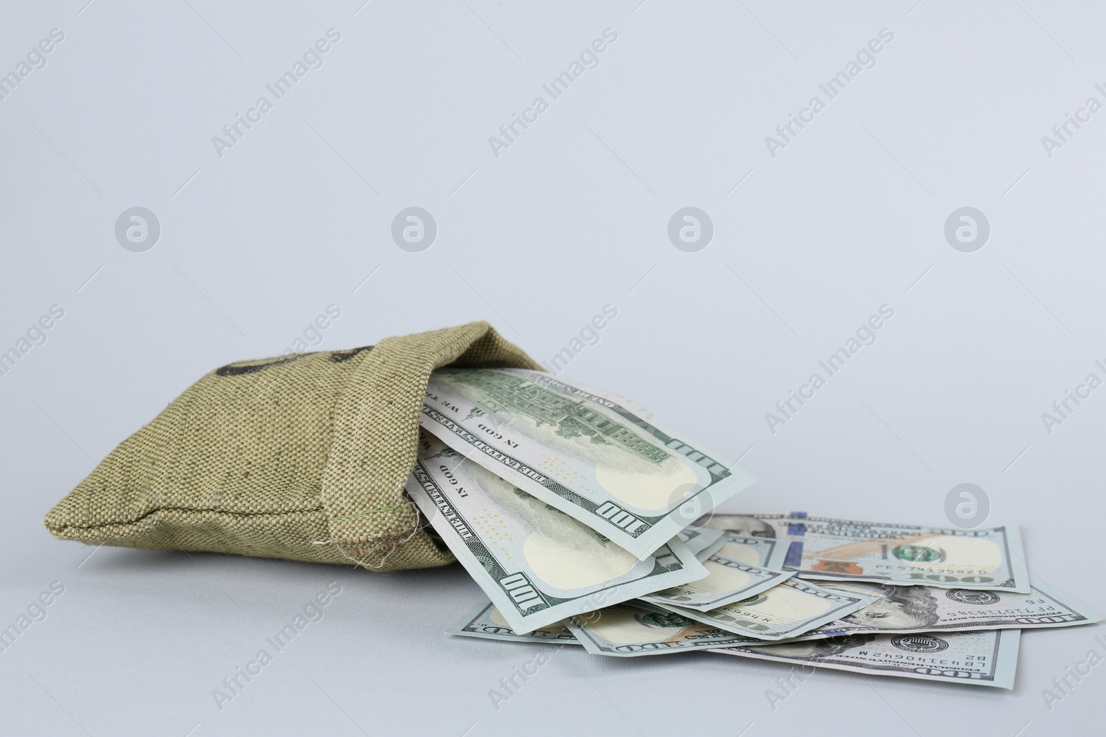 Photo of Dollar banknotes in bag on grey background