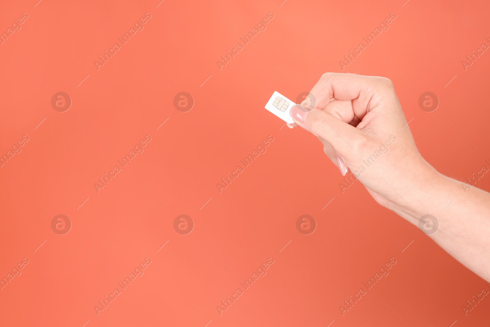 Photo of Woman holding SIM card on terracotta background, closeup. Space for text