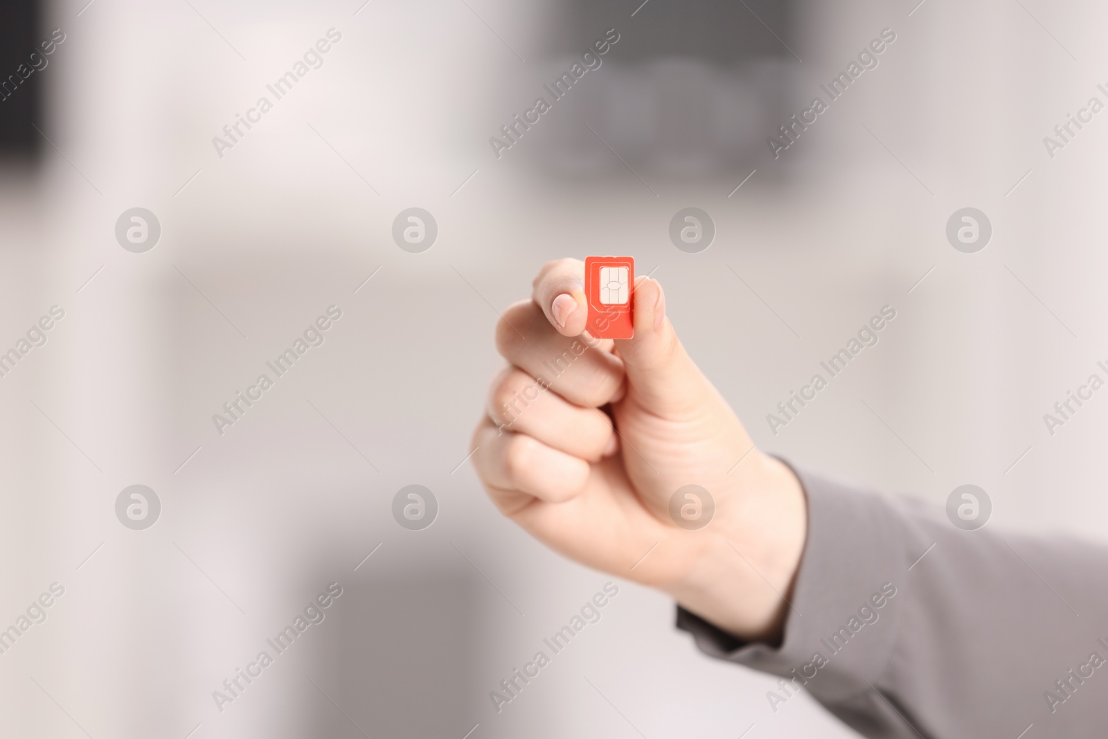 Photo of Woman holding SIM card indoors, closeup. Space for text