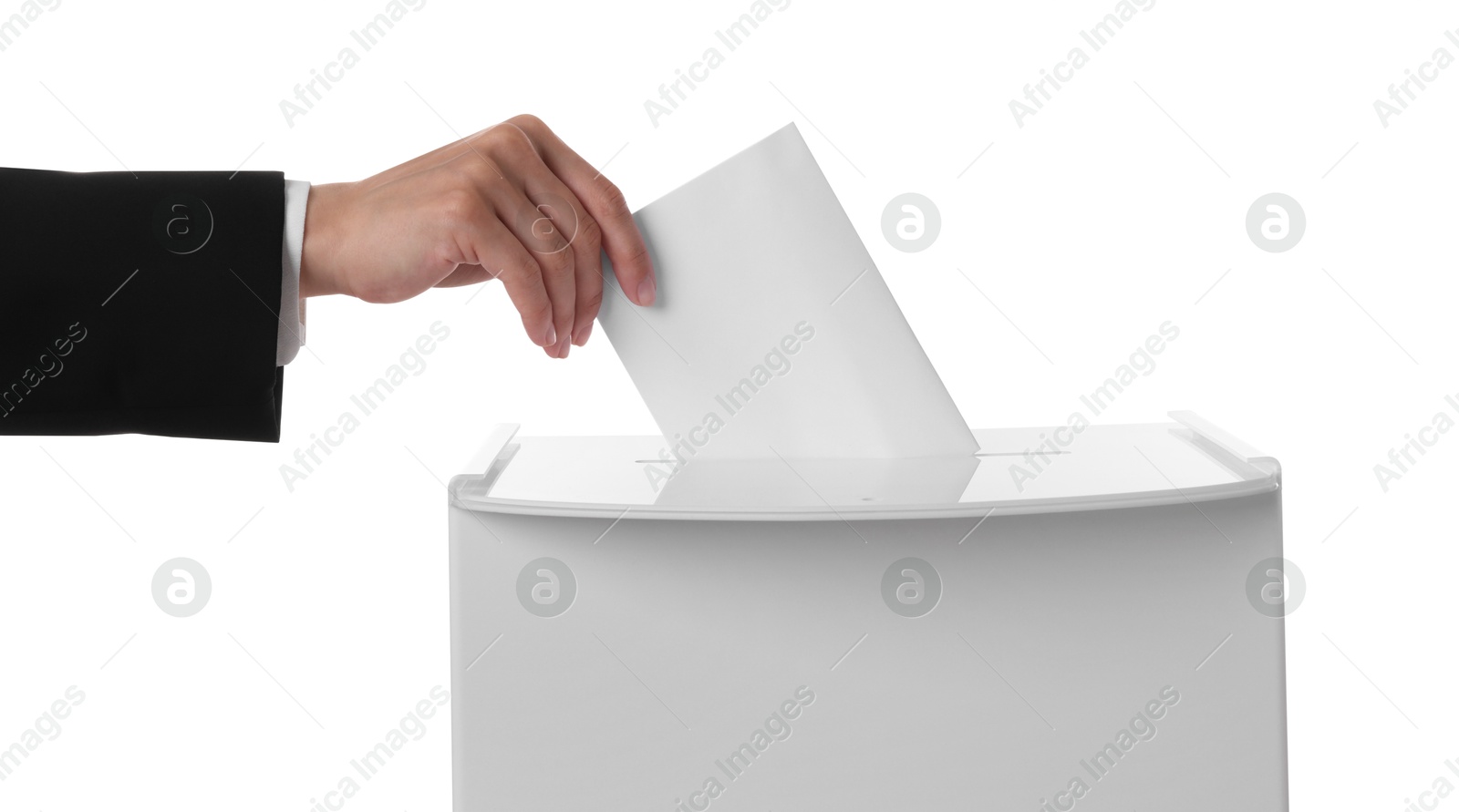 Photo of Woman putting her vote into ballot box against white background, closeup