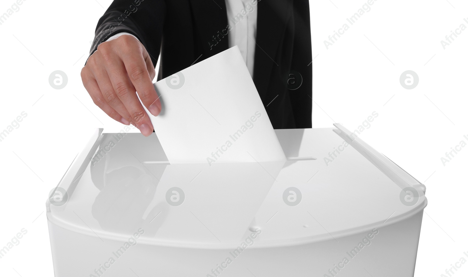 Photo of Woman putting her vote into ballot box against white background, closeup