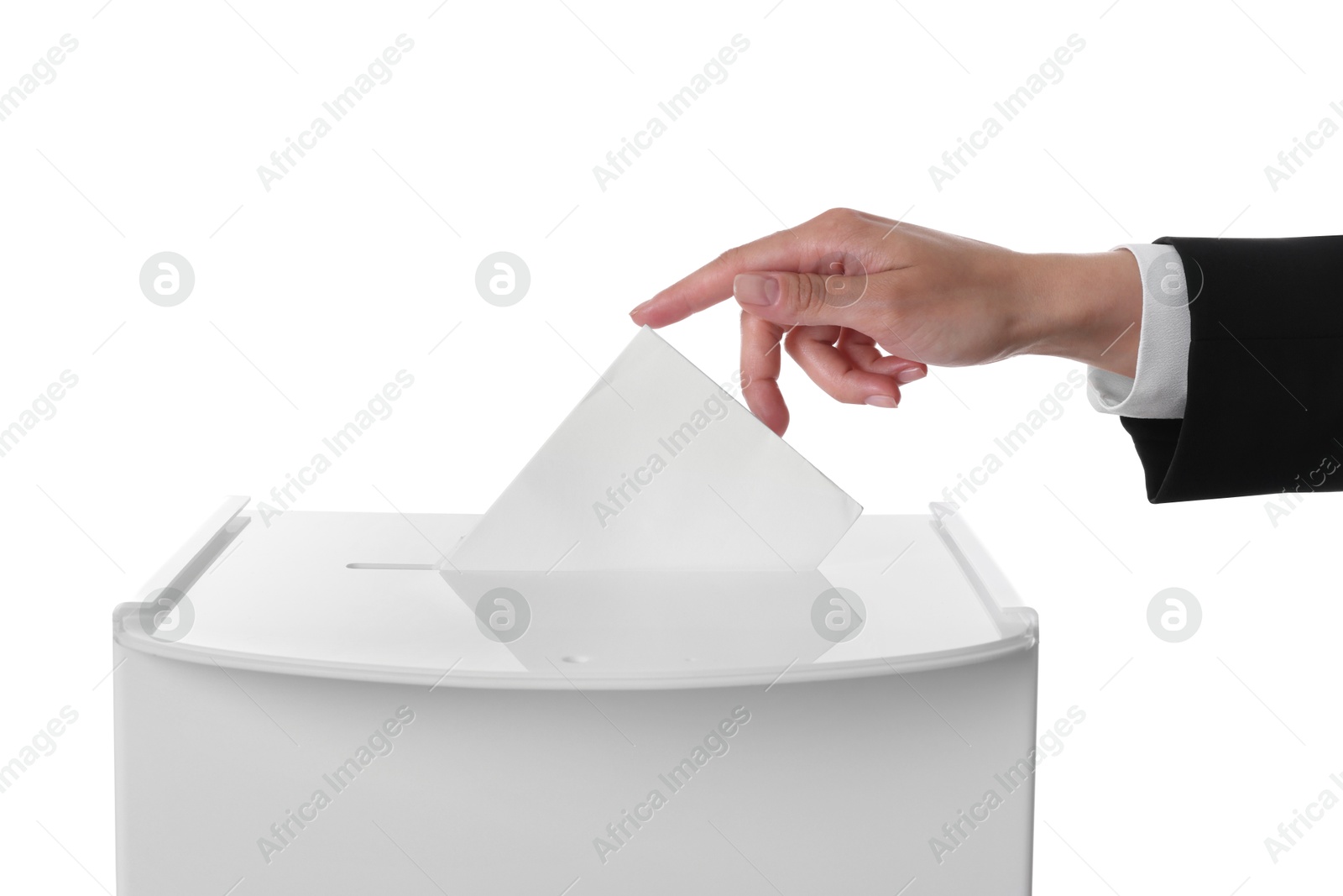 Photo of Woman putting her vote into ballot box against white background, closeup